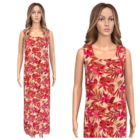 Vintage 90s Tropical Maxi Slip Shift Dress Beige Pink Vacation Beach 12 Large - Picture 1 of 11